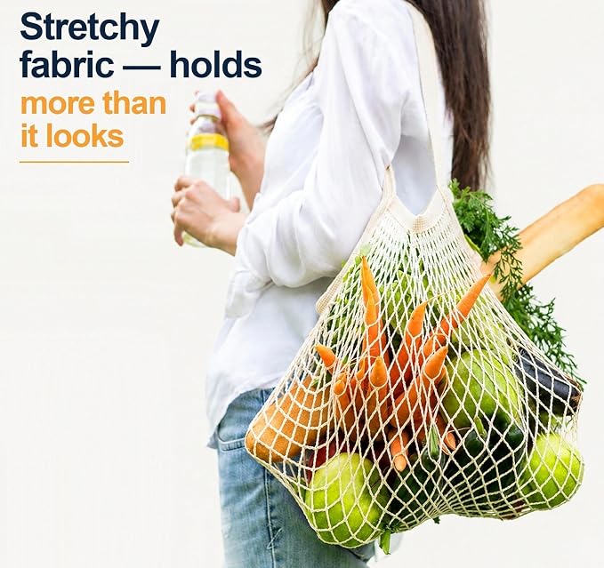 Lemonfilter 5 Pack Cotton Mesh Grocery Bags with Long Handle (4 Color) | Reusable Washable Mesh Produce Bags, Foldable Long Handle Eco Net Tote for Fruit, Vegetables and Farmers Market Shopping