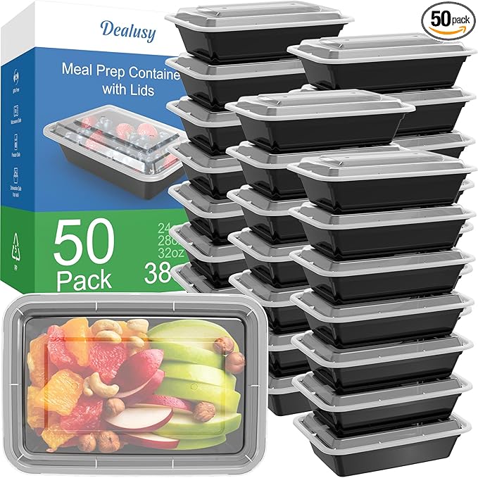 Dealusy 50 Pack (100-Piece) 38 oz Meal Prep Containers Reusable with Lids | Sturdy Leakproof & Food Safe, Microwave, Freezer, Dishwasher Safe Prep Containers, To Go Take Out Plastic Food Storage