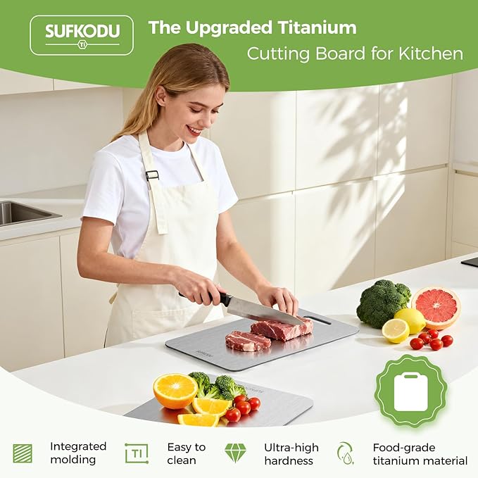 Full-size Titanium Cutting Board, 100% Pure Titanium Cutting Boards for Kitchen, Double-sided Titanium Cutting Boards,Separate Raw and Cooked Food Areas,12.2"L*7.2"W