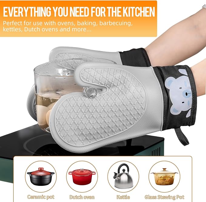 Silicone Oven Mitts Heat Resistant 500F, 2PCS Cute Bear Pattern Kitchen Oven Gloves with Cotton Lining, BPA-Free Baking Gloves - Flexible Non-Slip Grip Kitchen Mitts for Cooking Baking BBQ