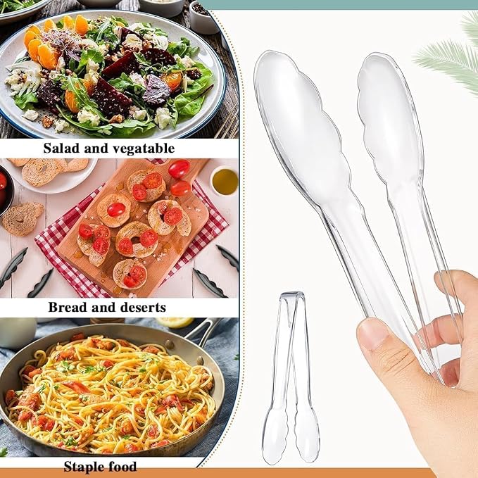 12 Pcs Clear Kitchen Tongs(12 Inch) | , Plastic Disposable for Serving Food, Ice, Salad, Barbecue, Cookies, BPA-Free