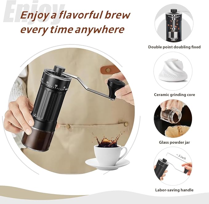Manual Coffee Grinder, 40 External Grind Settings, Ceramic Conical Burr | Portable 30g hand-crank grinder with ceramic conical burr for espresso, pour over, French press, travel, camping & office