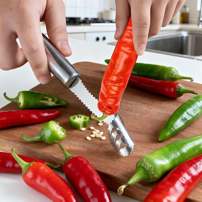 2 Pcs Jalapeno Corer Tool Pepper Corer with Serrated Slice Stainless Steel Pepper Seed Remover Kitchen Fruit and Vegetable Deseeder Efficient Seeding Tool for Jalapeños Chilis Cucumber