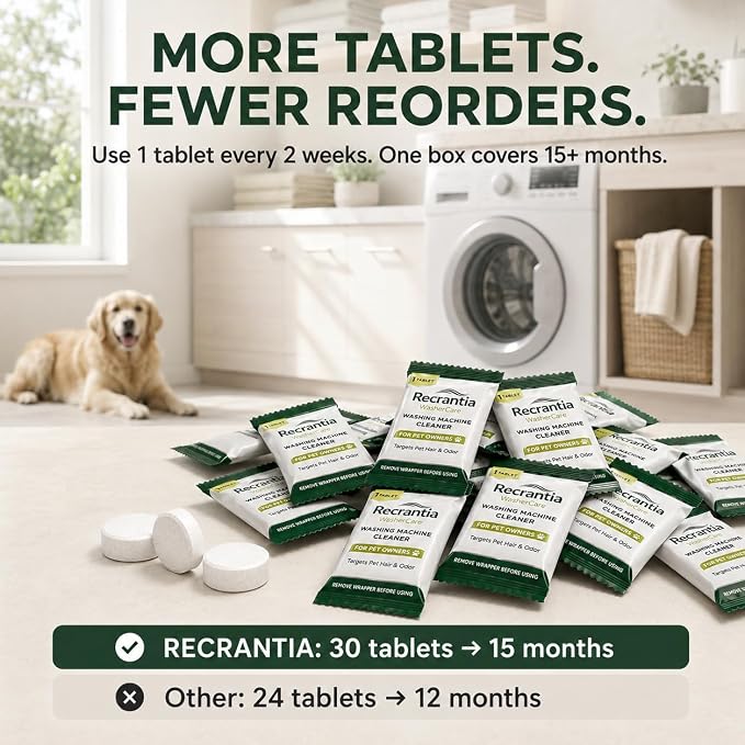Washing Machine Cleaner Tablets for Pet Owners - 30 Count Enzyme Pet Hair Buildup Cleaner - Odor and Residue Remover Front Top Load HE Washer Tub - Fragrance-free