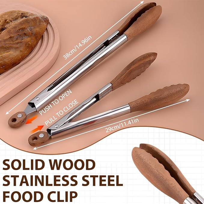 Wooden Tongs for Cooking & Serving Food, Stainless Steel Salad Tongs with Walnut Wood Tip, Anti-Slip Long Handle Wooden Kitchen Tongs Heat Resistant, Smooth Locking & Hanging Cooking Utensils Set of 2