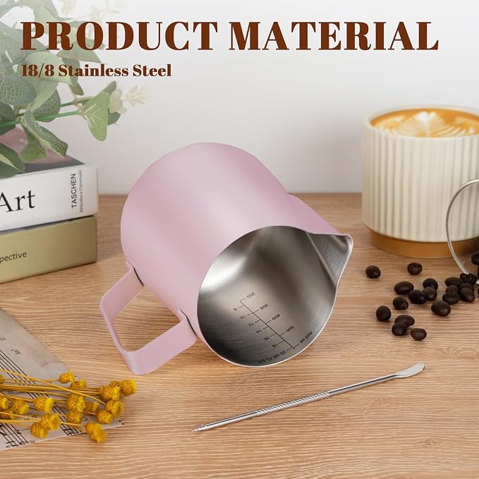 Amrules Milk Frothing Pitcher 20oz Frother Cup Barista Tools, Pink | 18/8 Stainless Steel, 20oz Capacity with Clear Scale, with Decorating Pen, Ergonomic Handle, for Cappuccino, Latte & Espresso