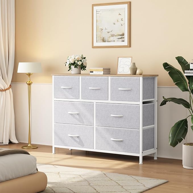 Sweetcrispy 7 Drawer Dresser for Bedroom Storage, Fabric Bins, Light Grey | Anti-Tip Closet Organizer, Wooden Top and Sturdy Steel Frame, Spacious Drawers for Clothes Storage, Hallway Entryway