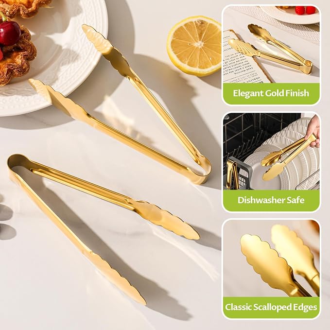 6-Pack Kitchen Tongs, 9-Inch Gold Metal Tongs | Stainless Steel Serving Tongs with One-Piece Scalloped Grip for Salads, Cooking, Buffets, Charcuterie and Parties