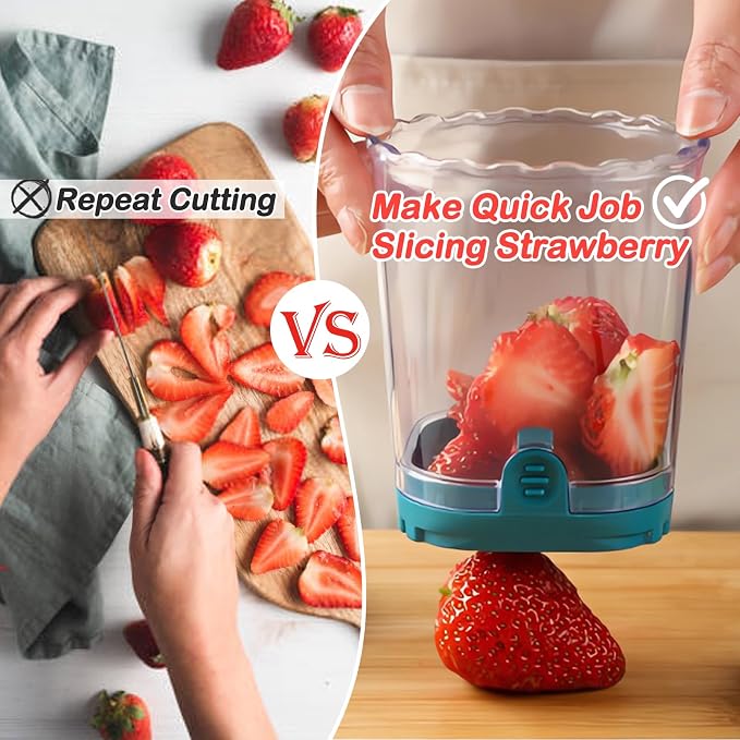 Creative Strawberry Slicer, Detachable Cutter with Push Plate (Teal)