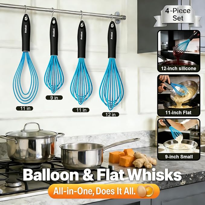 Anaeat Silicone Kitchen Whisk Set of 4, Perfect for Non-Stick Cookware, Milk and Egg Beater Blender for Whisking, Cooking, Baking, Beating - 11'' Flat Whisk and 9''+11''+12'' Balloon Whisks (Blue)