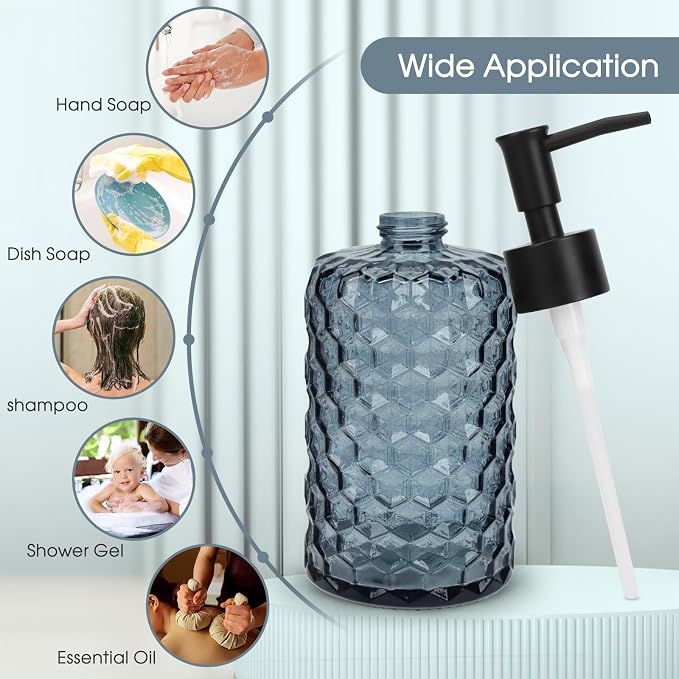 Topsky Glass Soap Dispenser with Plastic Pump, 475ml Liquid Hand Soap Dispenser, Rustproof Pump for Kitchen & Bathroom, Great for Lotions, Essential Oil, Liquid Soaps (Grayish Blue)