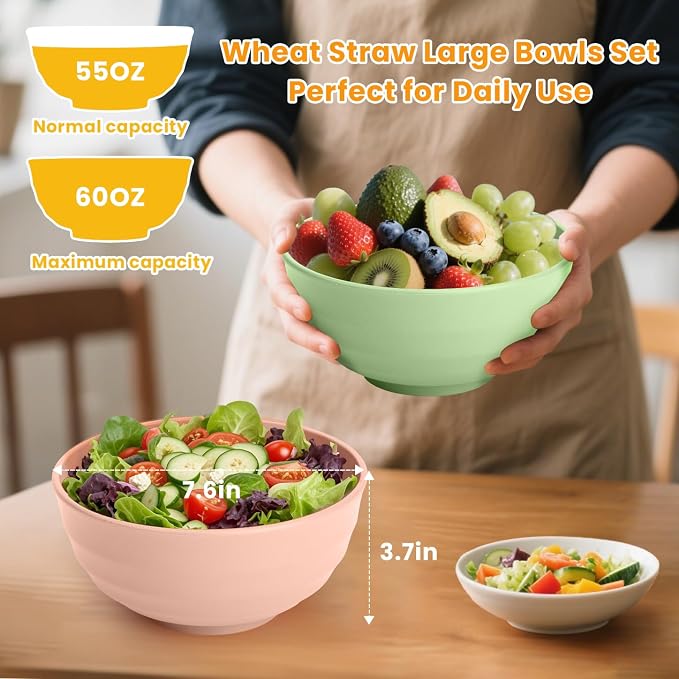 Large Wheat Straw Bowls 60oz Light Color Bowl Set of 8 - The Ultimate All-in-One Set for Salad, Soup, Cereal & Oatmeal, Microwave Safe & Unbreakable