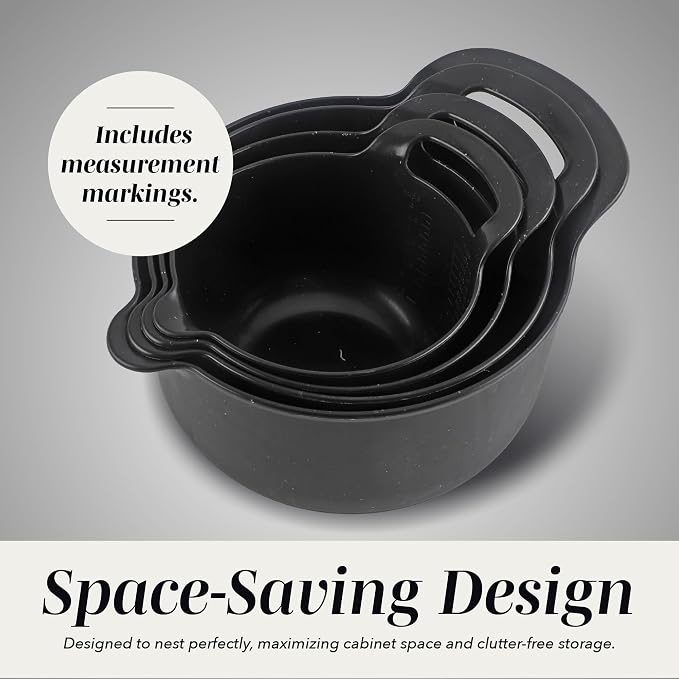 COOK WITH COLOR Nesting Plastic Mixing Bowl Set with Pour Spouts and Handles, Black Speckled, 4 Piece Non-Slip