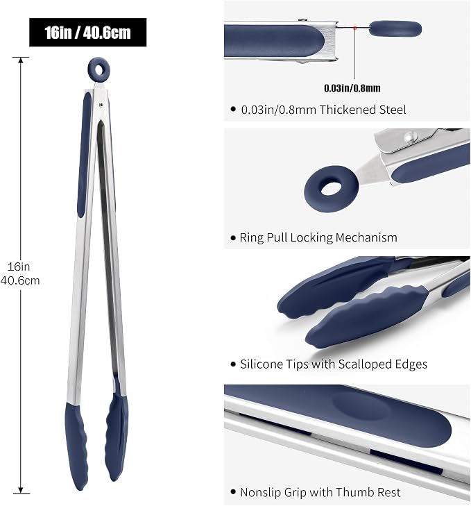 Doosu Kitchen Tongs with Silicone Tips for Cooking Serving (16in, Navy) | 600°F Heat Resistant Food Tong, Heavy Duty Stainless Steel Locking Tong for BBQ, Grilling Steak, Salad, Toast, Pasta