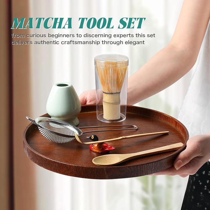 Matcha Whisk Set: Matcha Set with Bamboo Matcha Whisk and Ceramic Holder,Bamboo Scoop+Wooden Spoon,Scoop Holder,Sifter - Cute Matcha Tea Set - 6 Pcs Matcha Kit - Tools for Matchas Ceremonial Grade Kit
