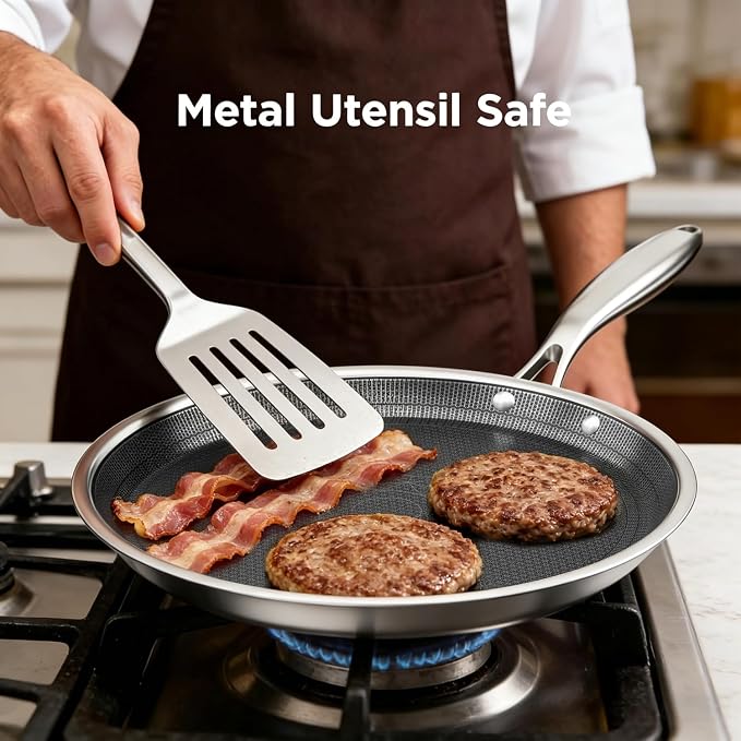 COOKER KING 9.5-inch Non-Stick Griddle, Crepe Pan for Pancakes, Tortillas | Non-Toxic Coating Comal, Dishwasher & Oven Safe, Induction Ready, Stay-Cool Handle, 3-Ply Clad Stainless Steel for Fast Heat
