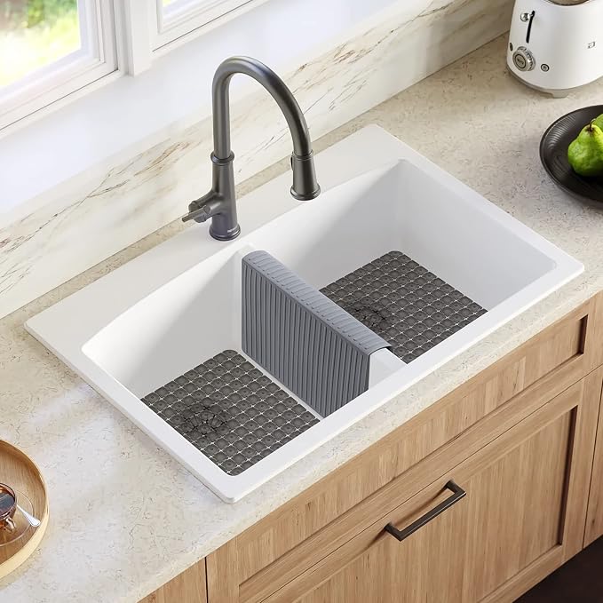 Bligli Silicone Sink Saddle, Large and Durable Sink Divider Mat with No Suction Cups, Kitchen Divided Sink Protector Mat for Glassware Dishes, Easy to Clean and No Smell, 11.8" x 18" (Grey)