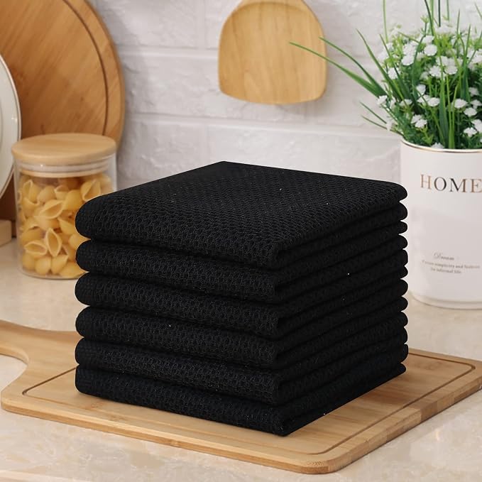 Kitinjoy 100% Cotton Kitchen Dish Cloths, 12 Pack Waffle Weave Ultra Soft Absorbent Dish Towels for Drying Dishes Quick Drying Kitchen Towels Dish Rags, 12 X 12Inch, Black | Ultra Absorbent, Super Soft, lightweight, Quick Drying Dish Rags for Washing D...