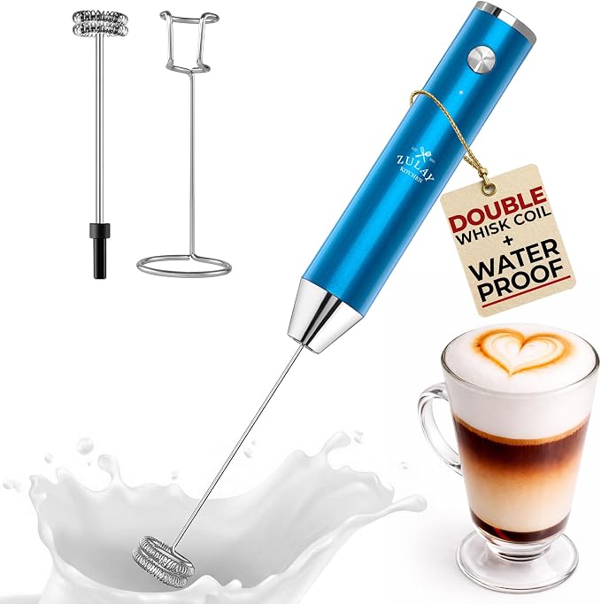 Zulay Kitchen Rechargeable Milk Frother Handheld - Frother Wand, Drink Mixer, Electric Whisk Frother, for Cappuccinos, Matcha & Protein Powder - Lux Double Whisk 2 Speed Waterproof 2000mAh Blue