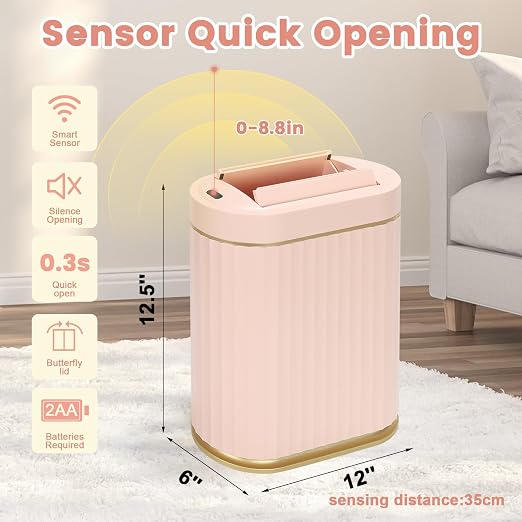 ELPHECO Motion Sensor Bathroom Trash Can with Lid 2 Gal Automatic Trash Can | Butterfly Lid, Room Decor Bathroom Accessories, Motion Sensor Wastebasket Garbage Can, Kitchen Living Room Office, Pink Gold