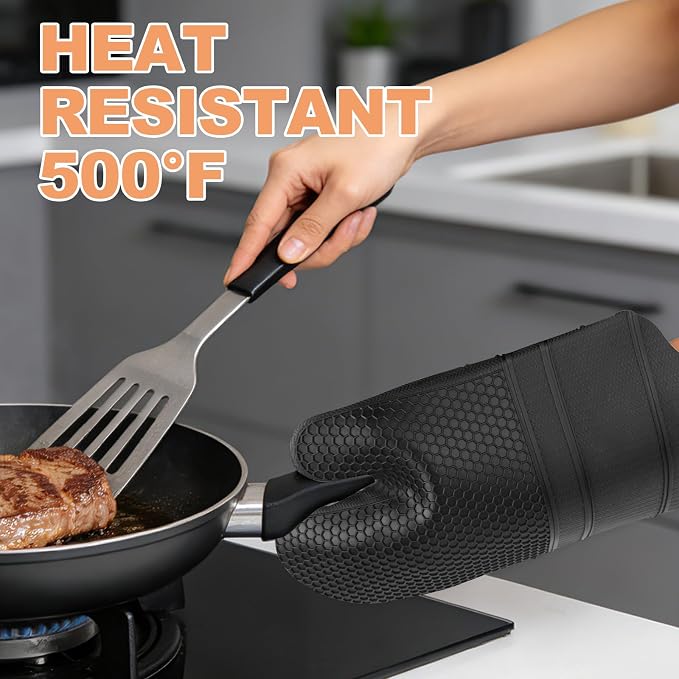YUTAT Silicone Oven Mitts,Heat Resistant 500F Kitchen Mitts 2PCS,Perfect for BBQ, Baking and Cooking,Black