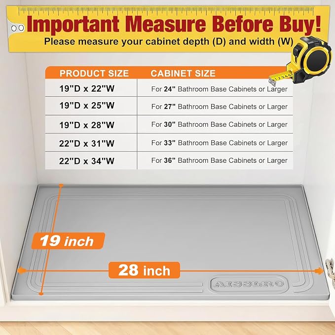 Aisslro Under Sink Mat 28" X 19", Waterproof Silicone Under Sink Mats for Kitchen, Anti-Leak Shelf Liner & Cabinet Protector with Raised Edge, [BPA Free] Bathroom Tray Home Organizer, Grey | BPA-Free Raised-Edge Cabinet Protector & Leak Tray for Bathro...