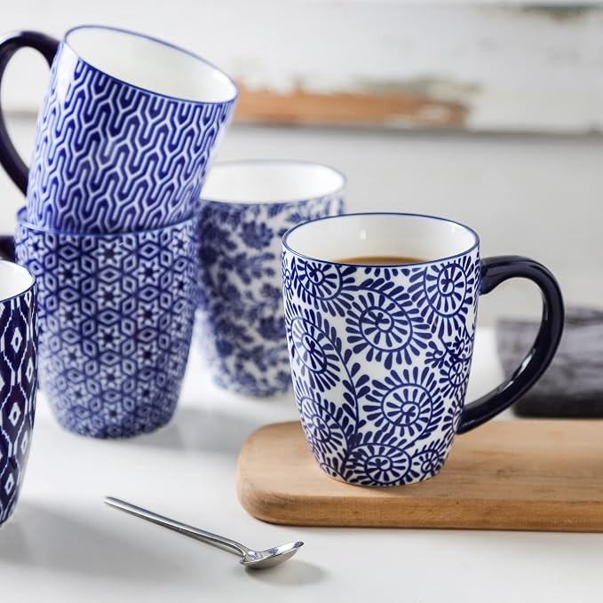 Selamica 16 oz Ceramic Coffee Mugs Set of 6, Ceramic Tea Cup with Handle, Dishwasher oven microwave safe, Vintage Blue