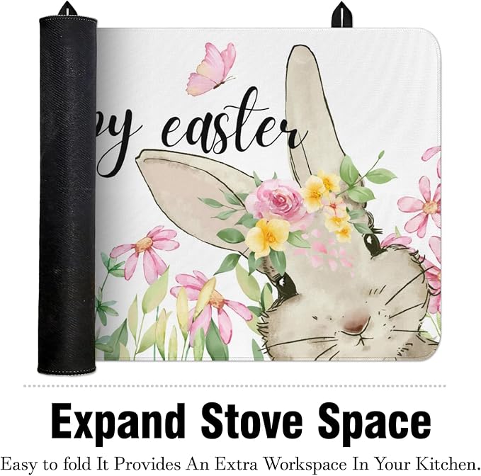 Happy Easter Glass Stove Top Covers for Electric Stove,Spring Bunny Rabbit Flowers Floral Cute Heat Resistant Cooktop Protector Non-Slip Washable Dish Drying Mat Rug Pad for Kitchen Decor 28"x20"