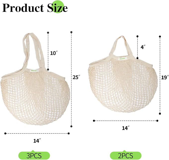 meetall Netted Tote Bags for Grocery, Reusable Cotton String Market Mesh Bags with Sturdy Handle - Eco Friendly Washable Produce Storage, 5 Pack 2 Sizes Off White