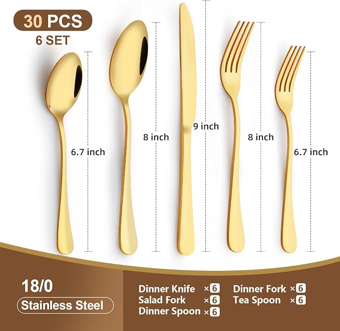 Gold Silverware Set, 30 Piece Flatware Cutlery Set for 6, 18/0 Stainless Steel Silverware, Mirror Polished Cutlery Utensil Set Includes Knife Fork Spoon For Home Kitchen Restaurant Gift