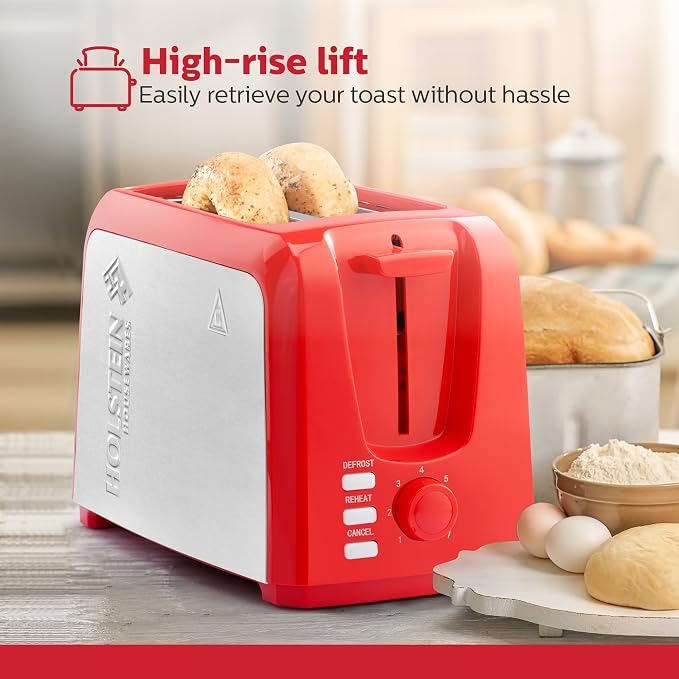 Holstein Housewares 2-Slice Toaster with 7 Browning Settings, Extra-Wide Slots, Reheat, Defrost, Cancel, High-Lift Release, Removable Crumb Tray – Compact Stainless Steel, Red