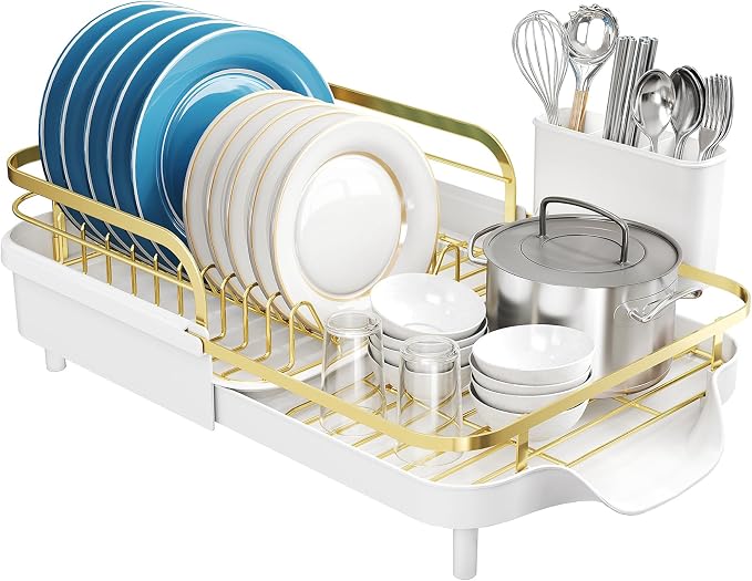 SNTD Expandable Dish Drying Rack for Kitchen Counter, 15.2-22.1 in, Gold | Rust-Resistant Stainless Steel, Protective Side Rails, Self-Draining Drainboard, Removable Utensil Holder