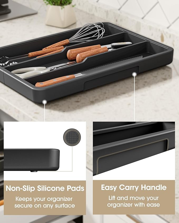 Aujen Silverware Drawer Organizer, Adjustable Utensil Cutlery Tray | Expandable Kitchen Organizer for Forks Knives, Multipurpose Kitchen Storage, Apartment Essentials, Black, X-Large