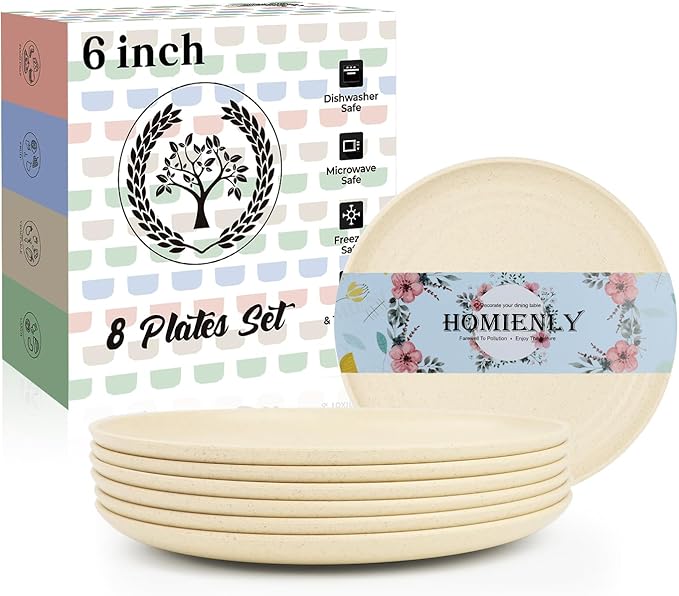Small Plates | 5.7 Inch Lightweight & Unbreakable Wheat Straw Plates | Mini Dessert Plate Set, Microwave & Dishwasher Safe Set of 8 -Beige