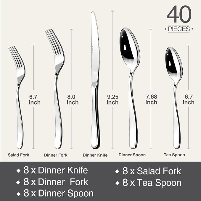 18/10 Silverware Set for 8, Heavy duty Stainless Steel Flatware Cutlery Set | 40 Piece Mirror Polished knives Forks Spoons Utensils Silverware Sets,Dishwasher Safe for Dinner Home Kitchen,Wedding Party
