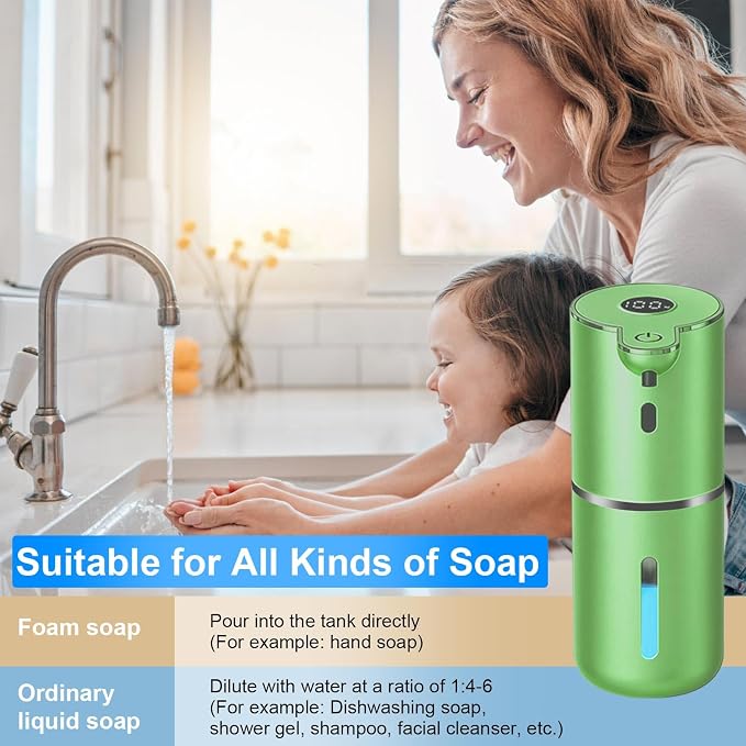 OHIFAST Automatic Foaming Soap Dispenser Touchless, USB Rechargeable Smart Hand Soap Dispenser, 6-Level Adjustable, 12.8oz/380mL Wall Mounted for Bathroom Kitchen Dish Soap-Green