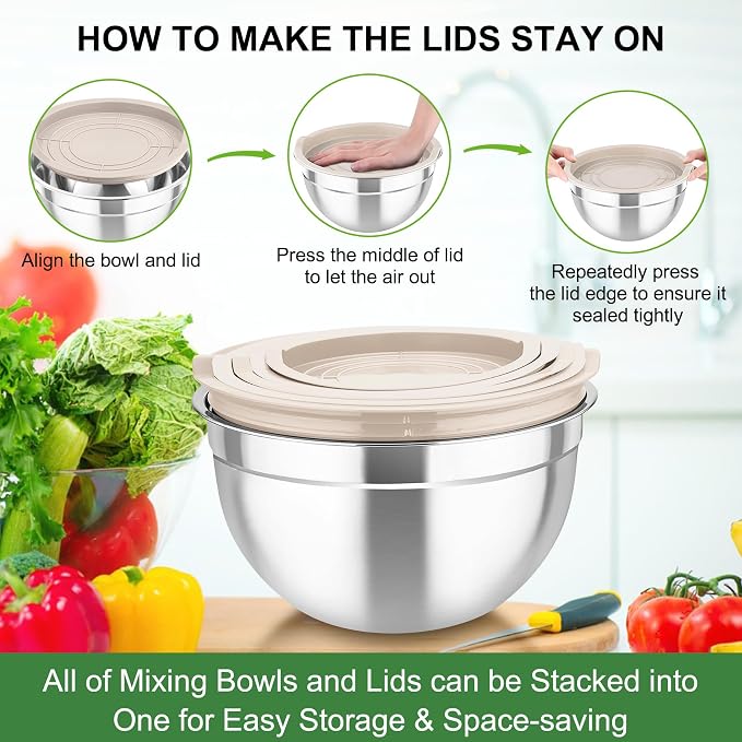TeamFar Mixing Bowls with Lids, 5PCS Stainless Steel Metal Salad Bowl | with lids & 3 Grater Attachments, for Cooking/Prepping/Serving, Airtight Lids & Easy Clean - 0.7/1/1.5/2.6/4.6QT, Khaki