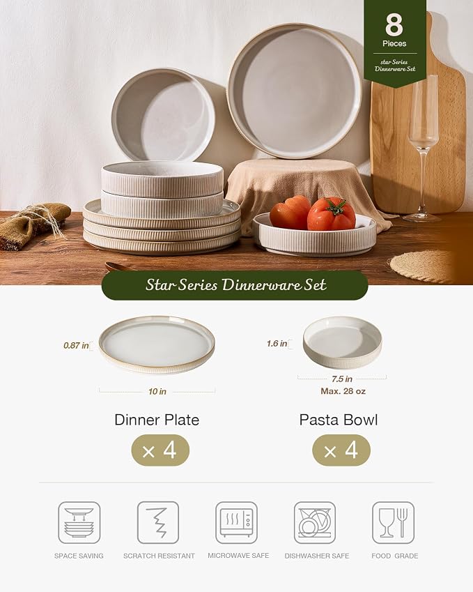 Famiware Star Stoneware Dinnerware Set, 8pc Dishes for 4, Cappuccino White | 7.5" Shallow Pasta Bowls & 10.5" Flat Dinner Plates, Everyday Dining, Chip & Scratch Resistant, Microwave & Dishwasher Safe