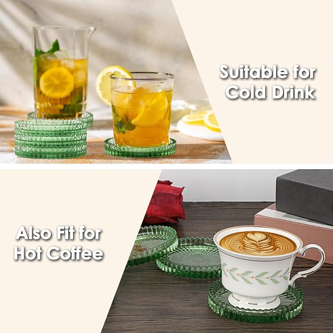 Modern Clear Coaster Set of 5- Glass Coasters for Drinks, Clear Green | Crystal Coasters Round Cup Mat Coffee Table Decor for Office, Kitchen, Bar, Dining Room, Living Room, Patio