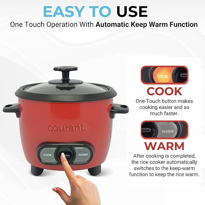 Courant Rice Cooker 6-Cup (Cooked), Removable Non-Stick Bowl, One Touch Rice Cooker, Red