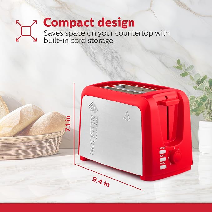 Holstein Housewares 2-Slice Toaster with 7 Browning Settings, Extra-Wide Slots, Reheat, Defrost, Cancel, High-Lift Release, Removable Crumb Tray – Compact Stainless Steel, Red