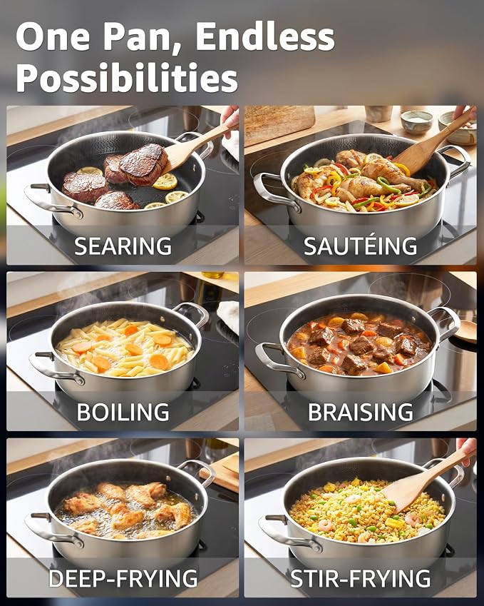 LOLYKITCH 8 QT Large Deep Frying Pan with Lid | 13 Inch | Riveted Handles | Ceramic Nonstick | Tri-Ply Stainless Steel Skillet | Saute Pan | Hybrid Cookware | Oven & Induction Ready | 8-10 Servings