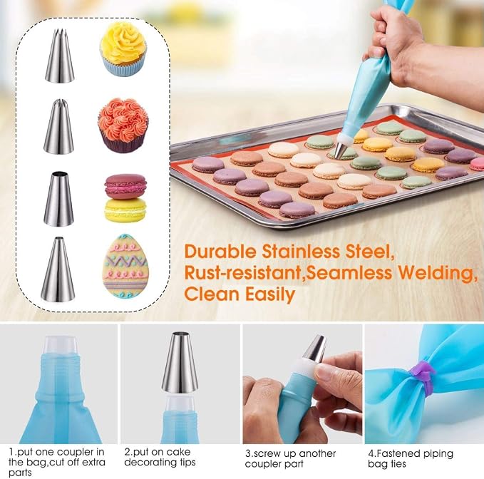 Macaron silicone baking mats - Macaroon Baking suppliers 1 Quarter Sheet + 2 Half Sheet Macaron Baking Mat,Macaron Baking Sheet,2 Piping Pastry Bag with Bag Tie,6 Piping Tips