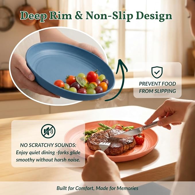 Deep Dessert Plates Unbreakable Wheat Straw Dinner Plates 8 PCS Microwave & Dishwasher Safe Plates Sets for Kitchen, Camping, Reusable Plastic Plates for Kids, Appetizer (Colorful, 8 inch)