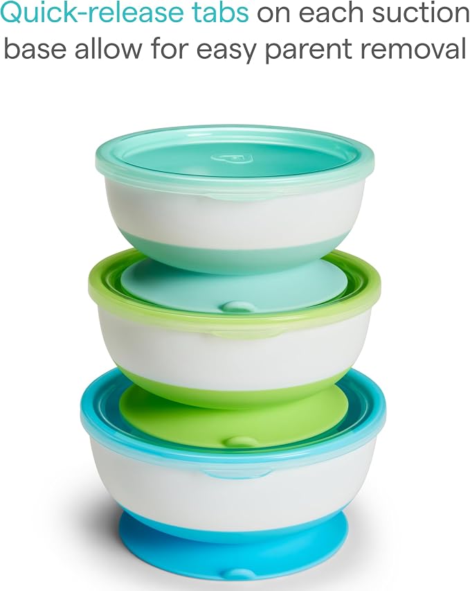 Munchkin Stay Put Suction Baby Bowls with Lids - Dishes for Babies and Toddlers, Self-Feeding Bowl Set for Kids 6+ Months, 3 Pack, Blue/Green