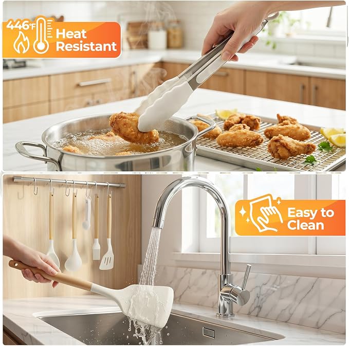 33Pcs Kitchen Utensils Set Silicone Cooking Utensils Set with Wooden Handle | Heat-Resistant, Dishwasher Safe, BPA-Free Silicone Kitchen Utensil Set with Wooden Handles & Holder for Nonstick Cookware