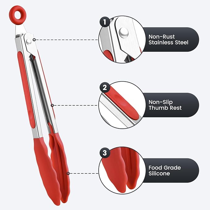 6PCS 7-Inch Silicone Tongs Set, Stainless Steel Tongs with Silicone Tips | Heat-Resistant Small Tongs For Cooking, Serving, Grilling | Dishwasher Safe | Colorful
