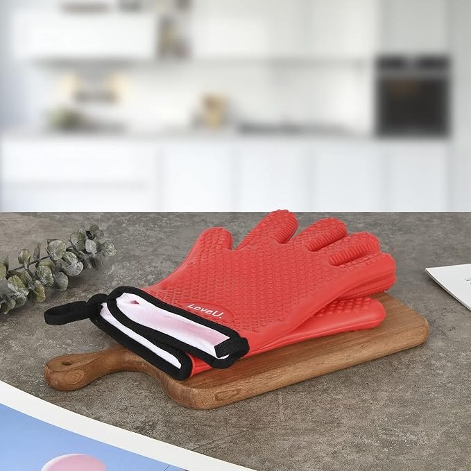 Silicone Oven Mitts Gloves - Heat Resistant, Non-Slip for BBQ, Grilling | 450°F Double-Layer｜Waterproof Kitchen Cooking Barbecue Mittens ｜5 Finger Hot Mitt for Baking, Smoker& Cast Iron(Small)