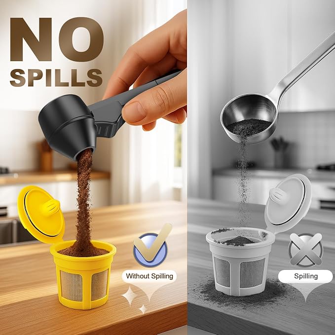 Coffee Scoop & Funnel for Reusable K Cup Refillable Coffee Pods,Mess-Free Measuring Spoon 2 TBSP Capacity for Ground Coffee, Protein Powder & Tea, Funnel Design without Spilling(1, Black)