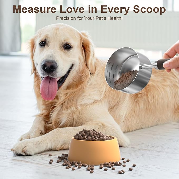 Dog-Cat Food Scoop Measuring-Cup - 3/4 Cup (6 Oz),304 stainless steels,Black walnut long handle